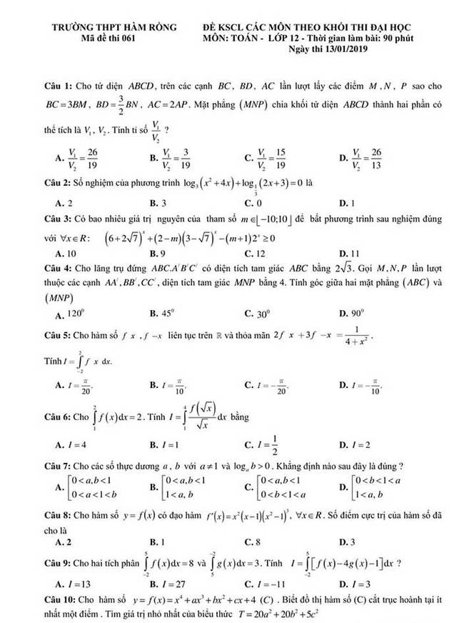 Đề thi thử môn toán THPT Hàm Rồng năm 2019