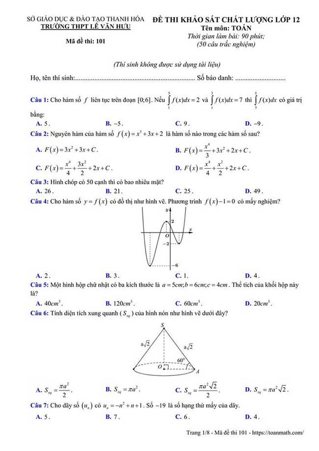 Đề thi thử môn toán THPT Lê Văn Hưu năm 2019