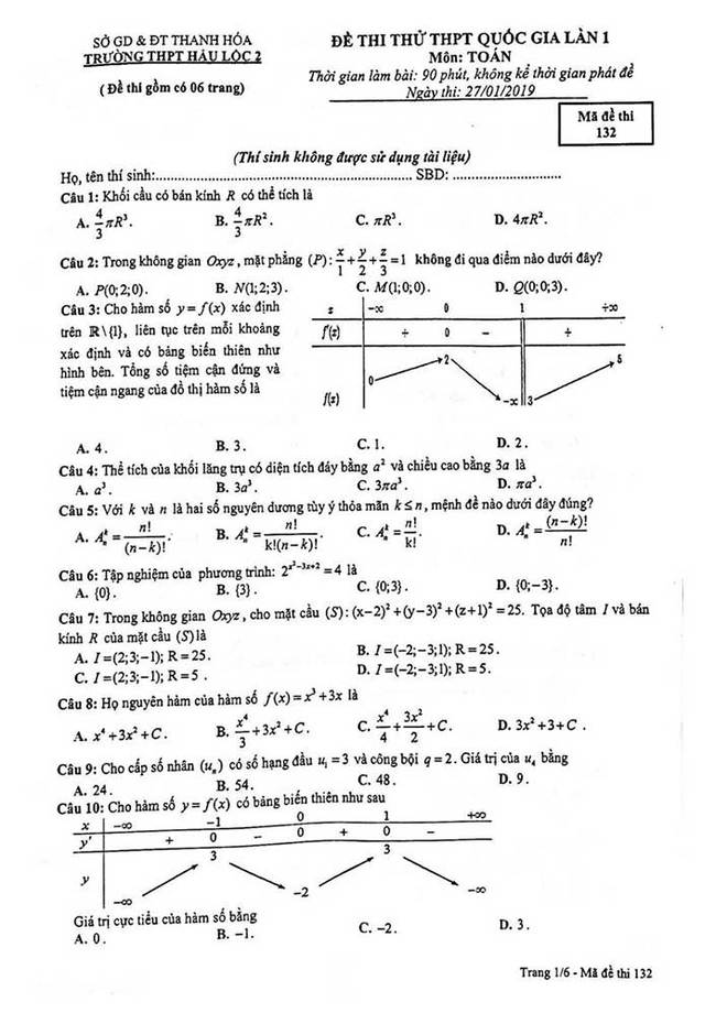 Đề thi thử môn toán trường THPT Hậu Lộc 2 năm 2019