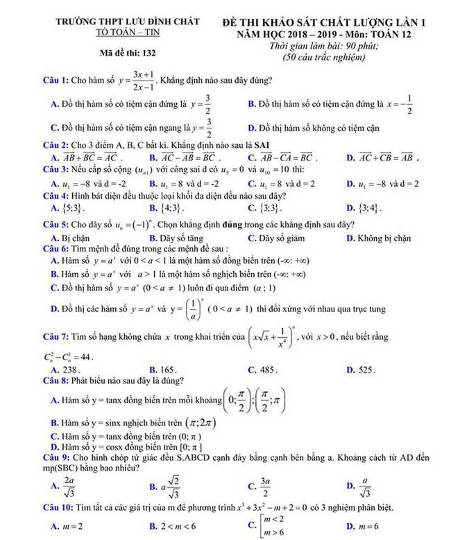 Đề thi thử môn toán trường THPT Lưu Đình Chất năm 2019