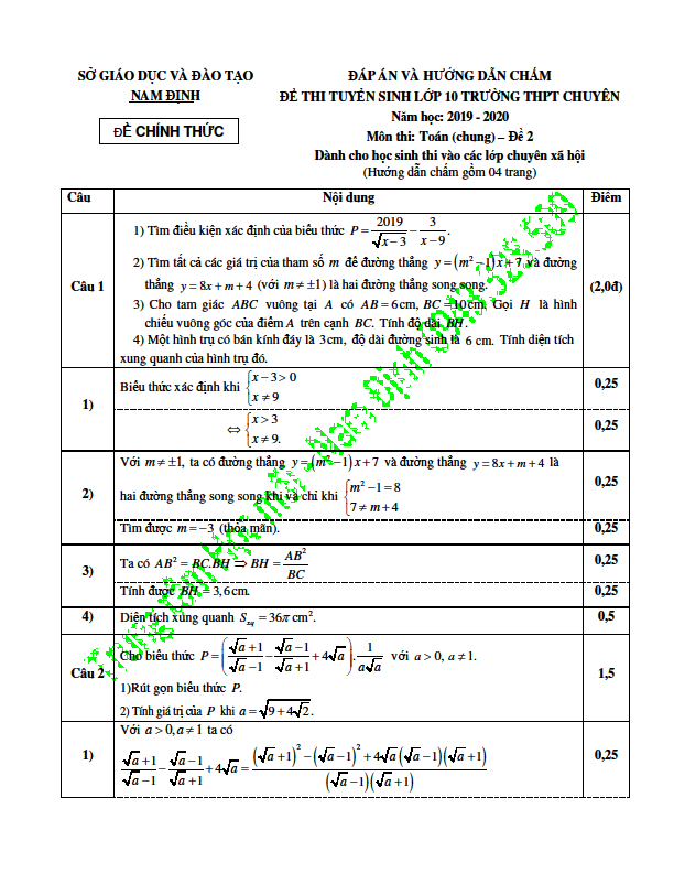 Đáp án đề thi vào 10 môn Toán đề 2 Chuyên Lê Hồng Phong 1