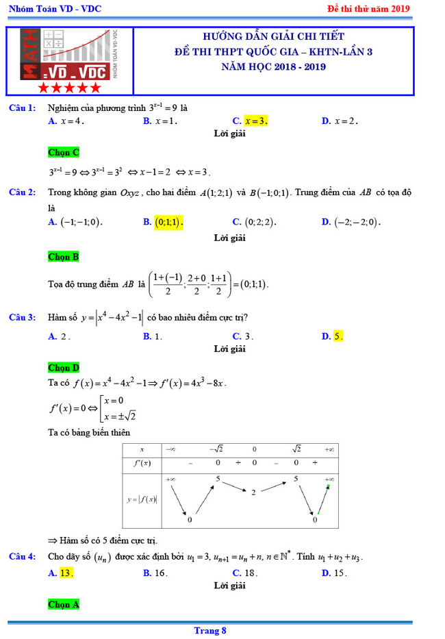 Đáp án thi thử THPTQG môn Toán 2019 Chuyên KHTN lần 3 trang 1