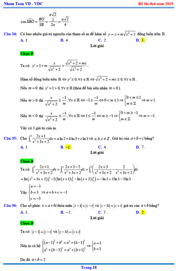 Đáp án thi thử THPTQG môn Toán 2019 Chuyên KHTN lần 3 trang 11
