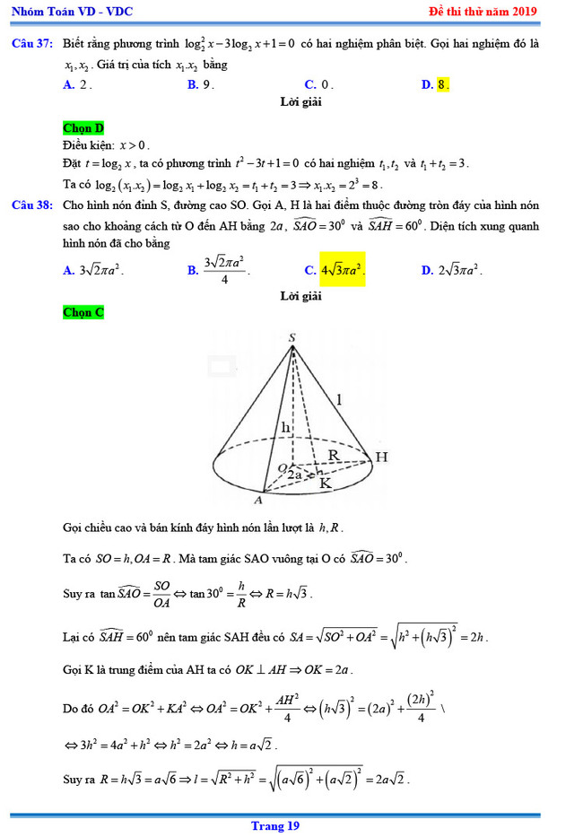 Đáp án thi thử THPTQG môn Toán 2019 Chuyên KHTN lần 3 trang 12