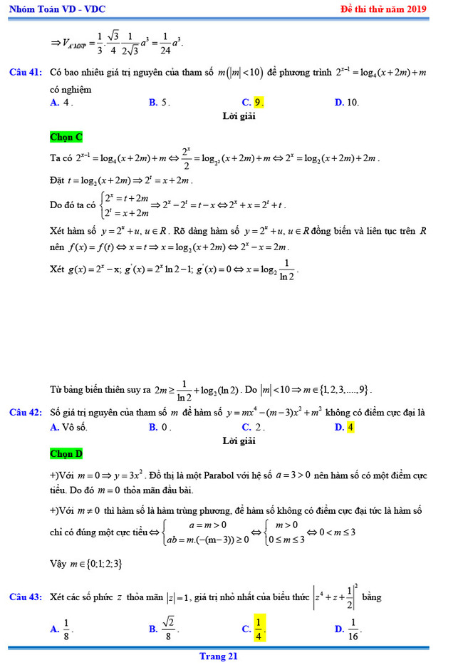 Đáp án thi thử THPTQG môn Toán 2019 Chuyên KHTN lần 3 trang 14