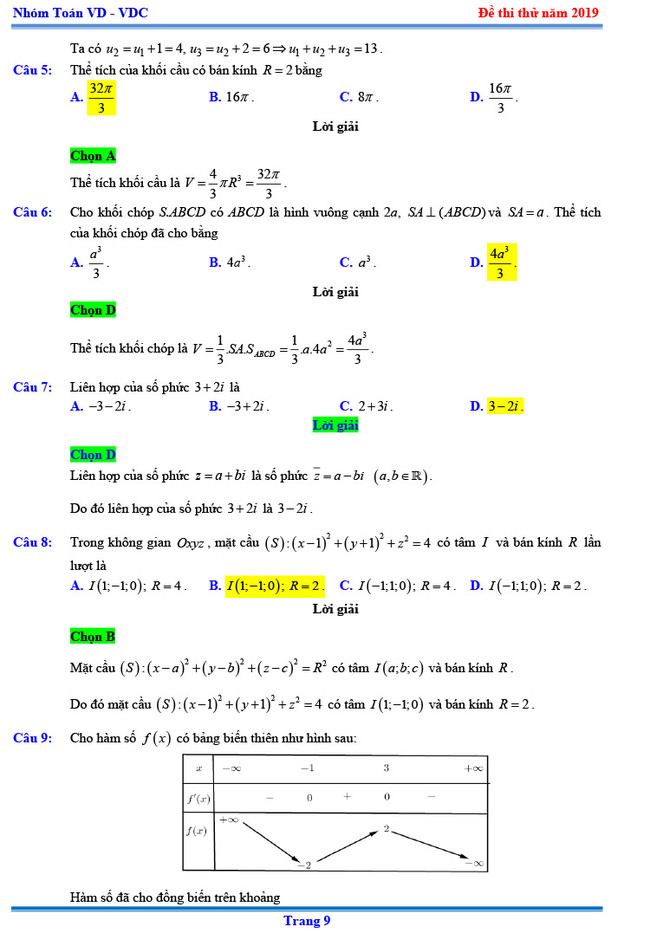 Đáp án thi thử THPTQG môn Toán 2019 Chuyên KHTN lần 3 trang 2