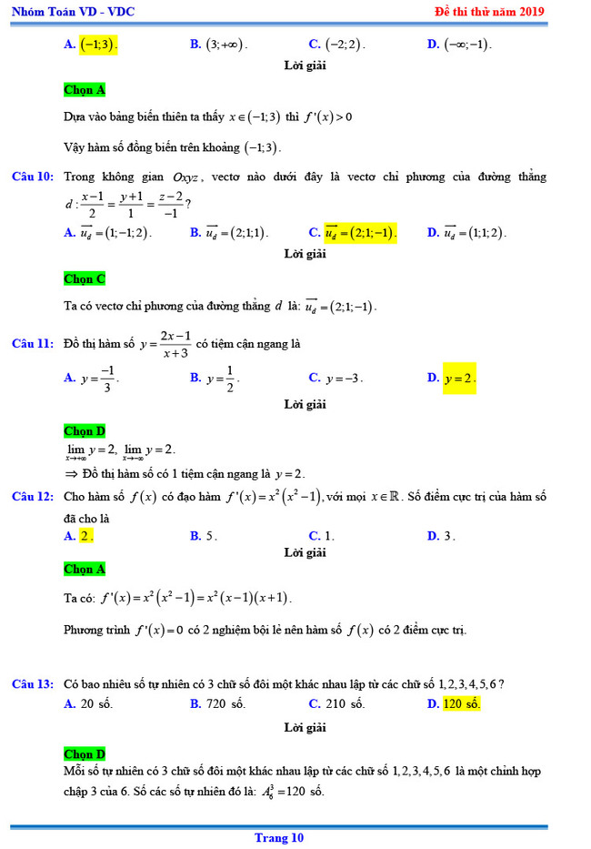 Đáp án thi thử THPTQG môn Toán 2019 Chuyên KHTN lần 3 trang 3