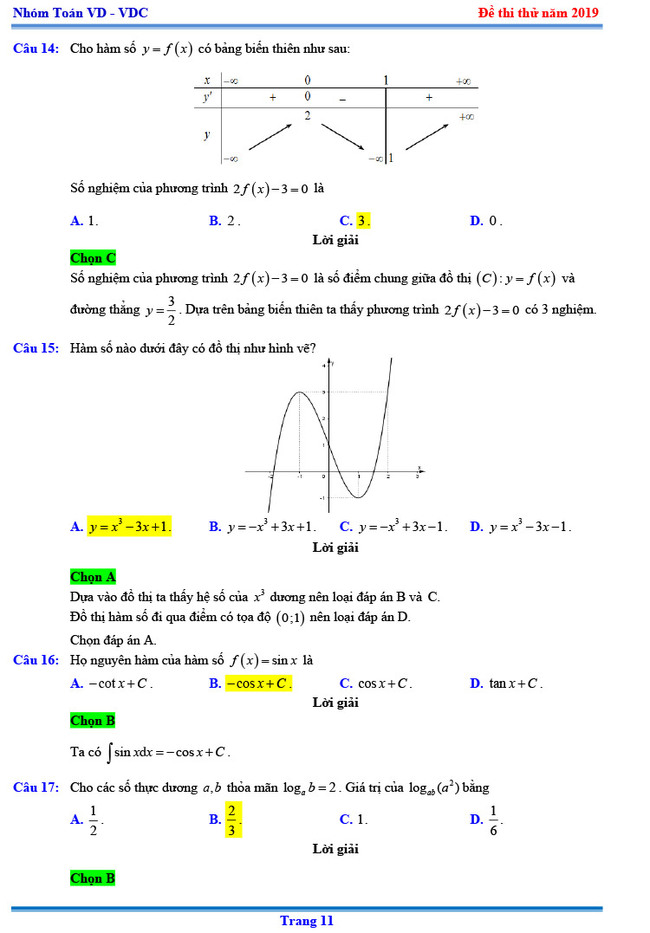 Đáp án thi thử THPTQG môn Toán 2019 Chuyên KHTN lần 3 trang 4