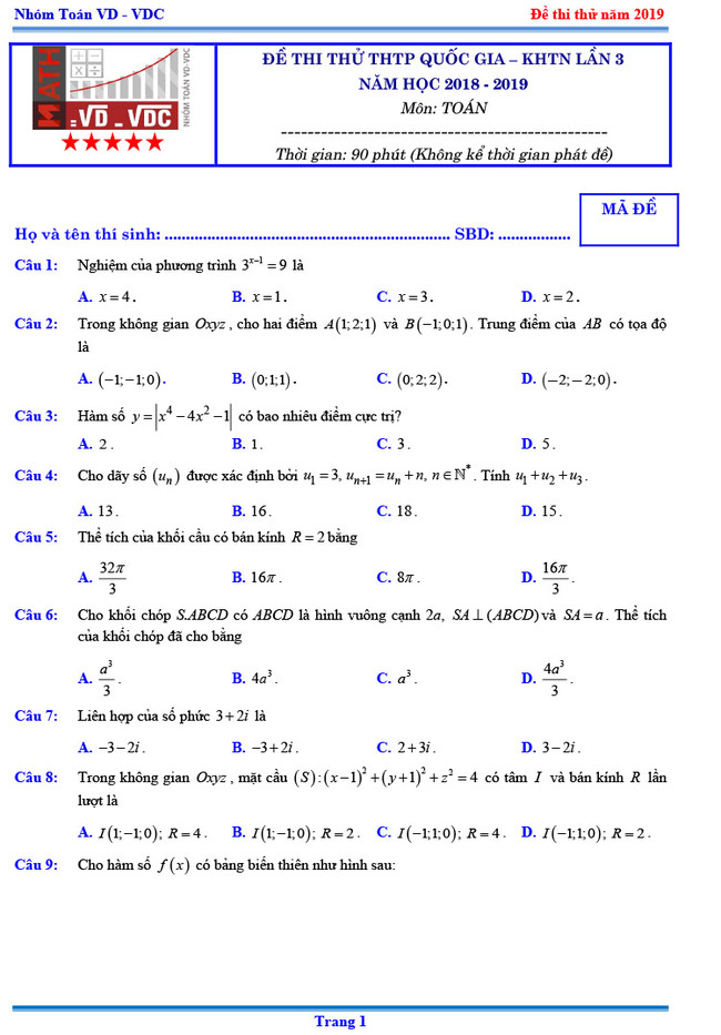 Đề thi thử THPTQG  môn Toán Chuyên KHTN lần 3 năm 2019 trang 1