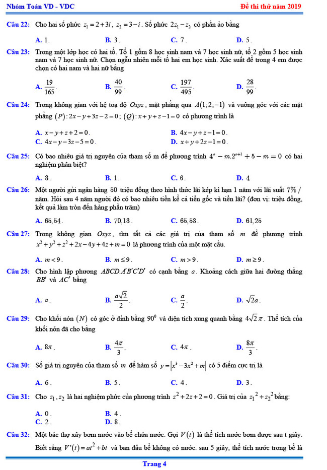 Đề thi thử THPTQG  môn Toán Chuyên KHTN lần 3 năm 2019 trang 4