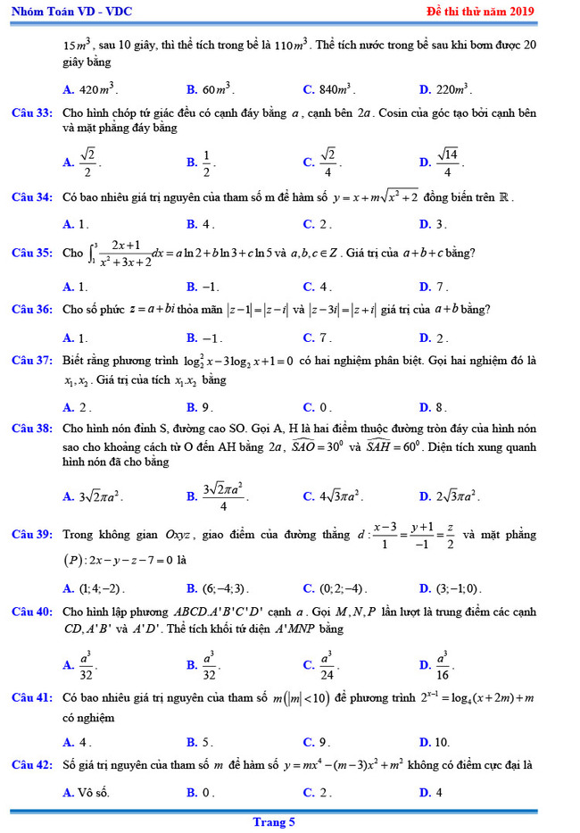 Đề thi thử THPTQG  môn Toán Chuyên KHTN lần 3 năm 2019 trang 5