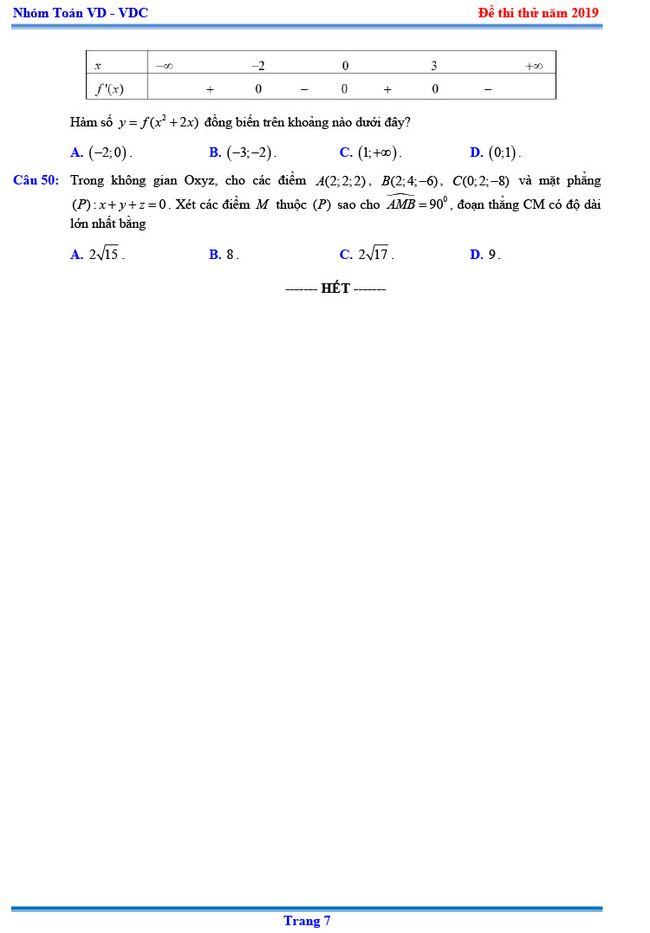 Đề thi thử THPTQG  môn Toán Chuyên KHTN lần 3 năm 2019 trang 7