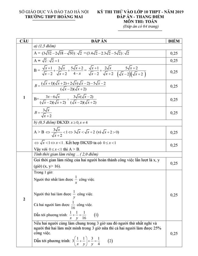 Đáp án đề thi thử vào lớp 10 môn Toán 2019 trường THPT Hoàng Mai