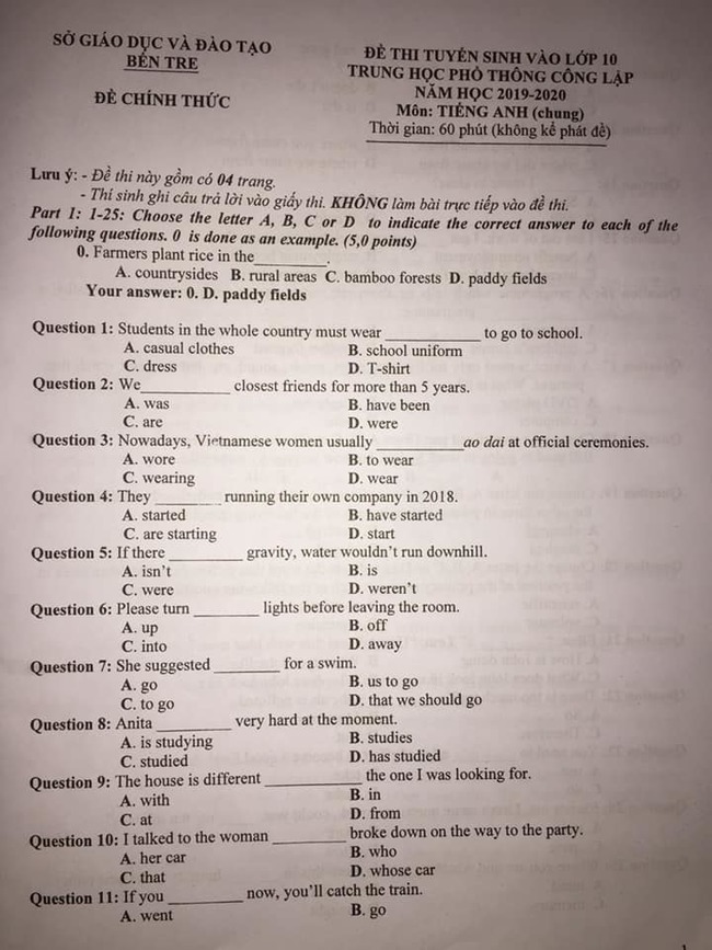 đề thi vào lớp 10 môn Anh Bến Tre 2019 trang 1