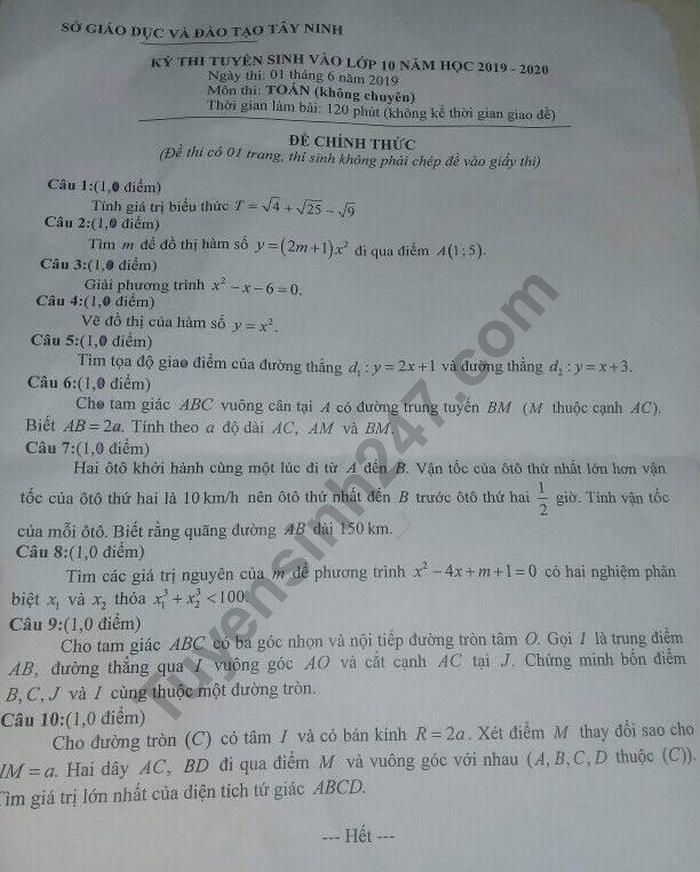 đề thi vào lớp 10 môn toán Tây Ninh 2019 
