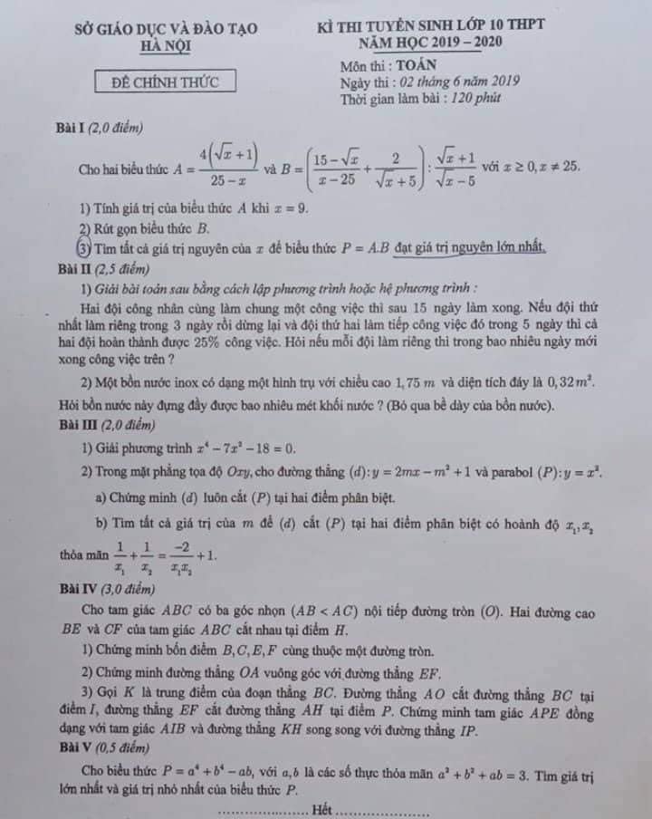Đề thi tuyển sinh lớp 10 môn Toán Hà Nội năm 2019