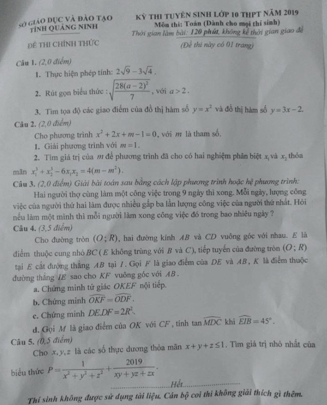 đề thi vào lớp 10 môn toán Quảng Ninh 2019