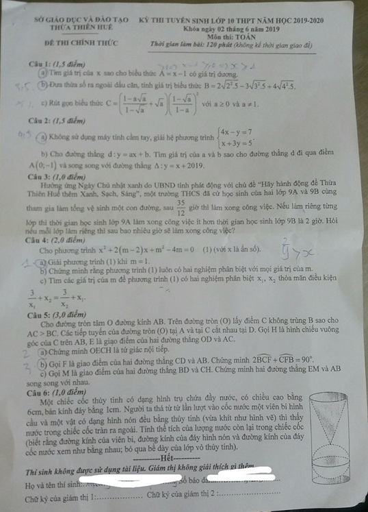 Đề thi vào lớp 10 môn Toán tỉnh Thừa Thiên Huế năm 2019 