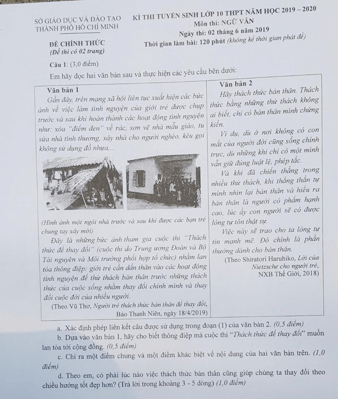 đề Văn vào 10 Hồ Chí Minh năm 2019 trang 1