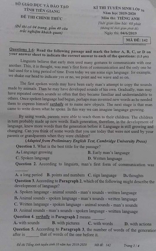 đề thi vào lớp 10 môn tiếng Anh tỉnh Tiền Giang năm 2019 trang 1