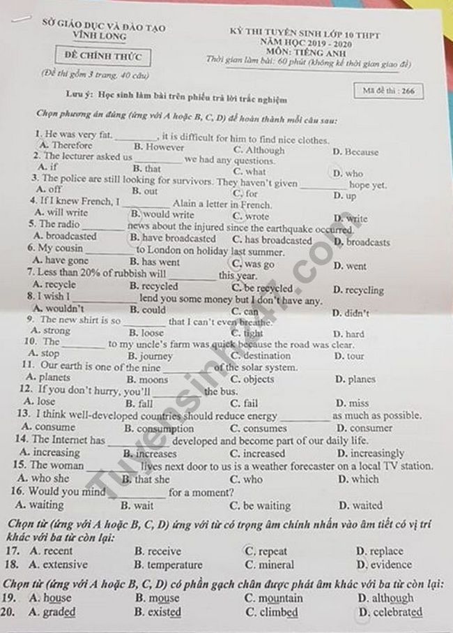 đề thi vào lớp 10 môn tiếng Anh mã đề 266 tỉnh Vĩnh Long năm 2019 1