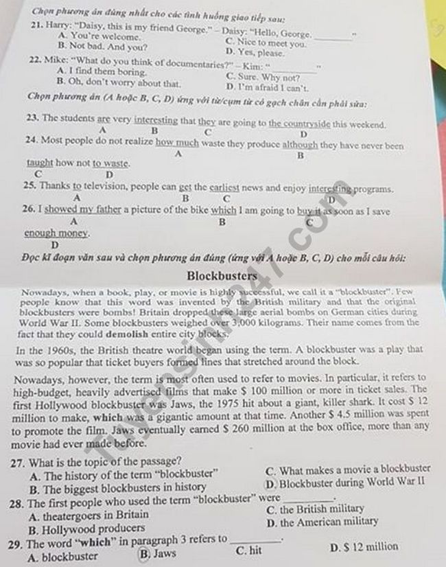 đề thi vào lớp 10 môn tiếng Anh mã đề 266 tỉnh Vĩnh Long năm 2019 2