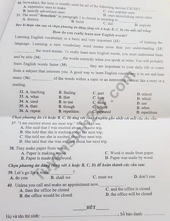 đề thi vào lớp 10 môn tiếng Anh mã đề 266 tỉnh Vĩnh Long năm 2019 3