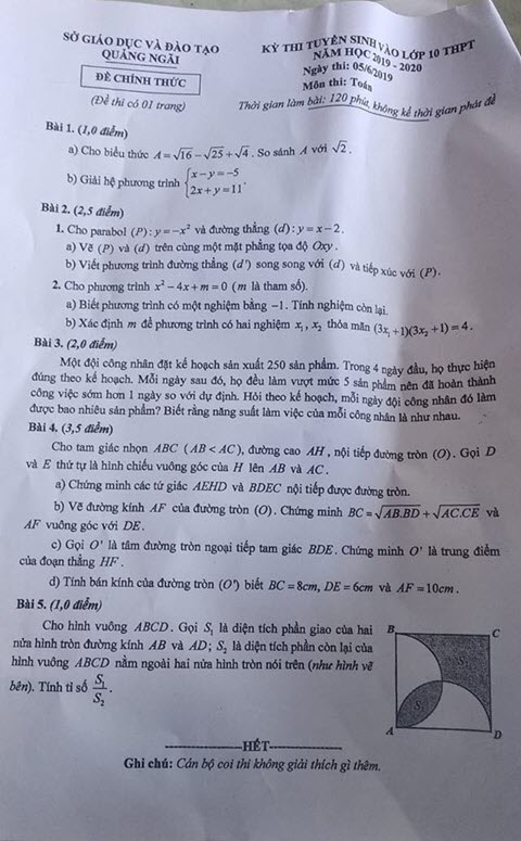 đề thi vào lớp 10 môn toán Quảng Ngãi 2019