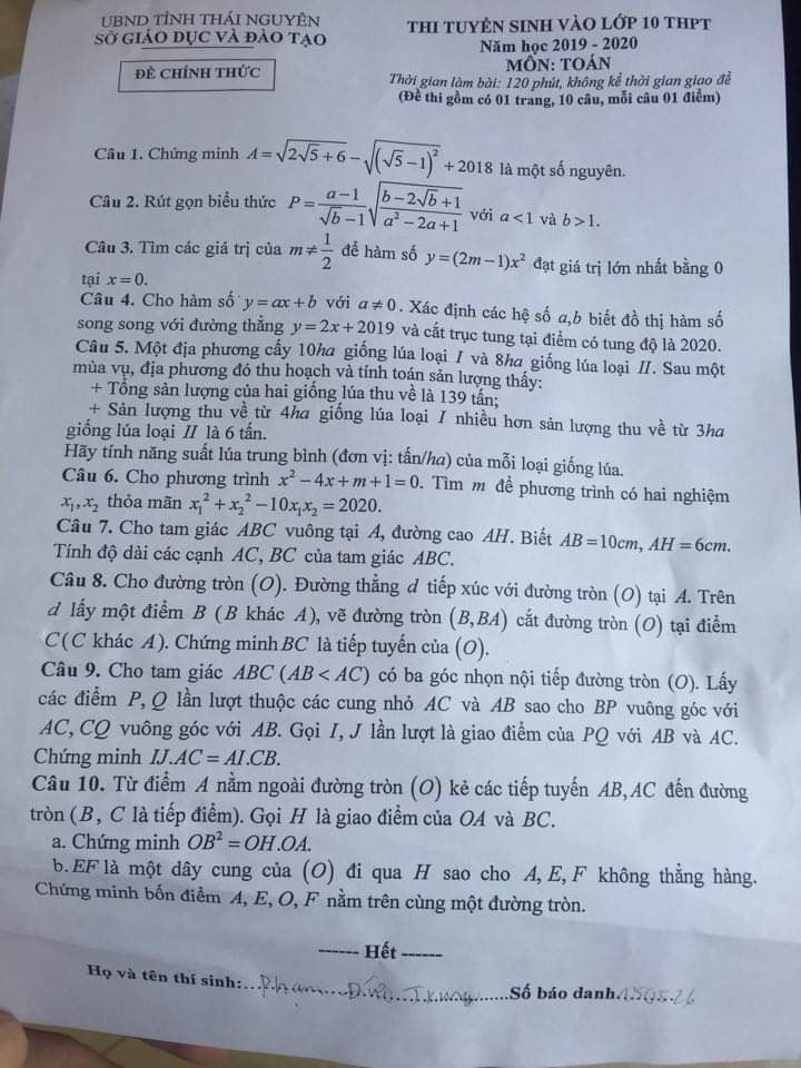 đề thi toán vào 10 năm 2019 tỉnh Thái Nguyên