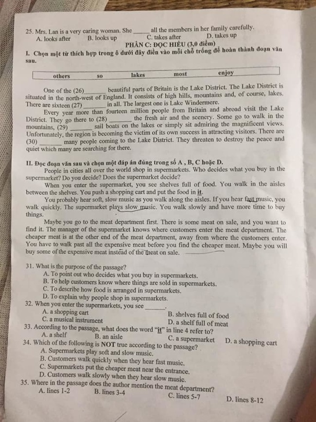 Đáp án đề thi vào lớp 10 môn tiếng Anh tỉnh Thanh Hóa năm 2019 2