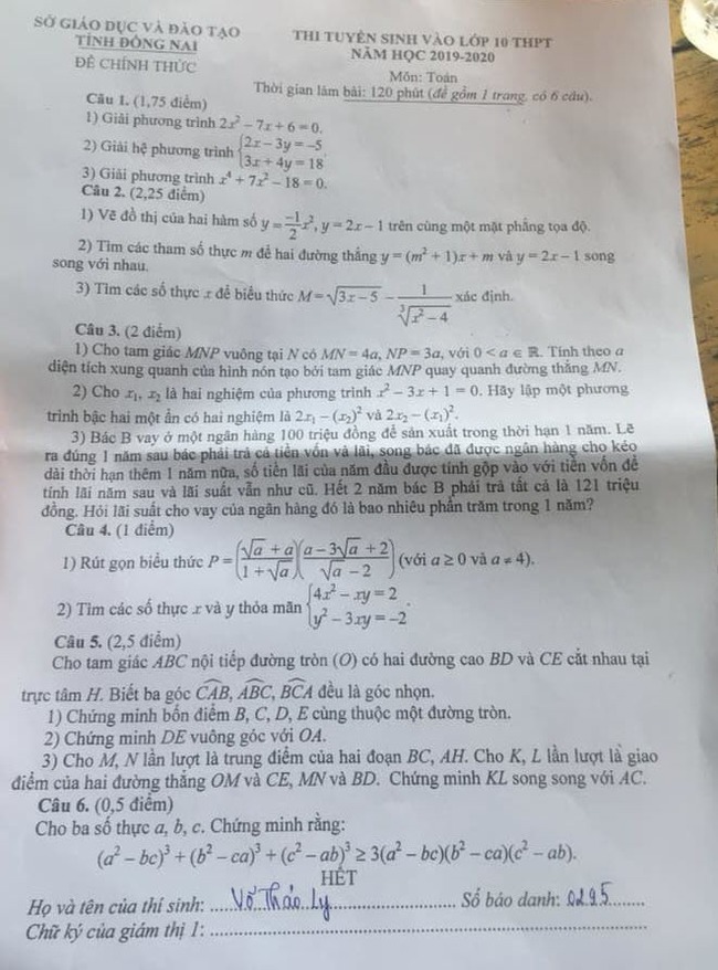 đề thi vào lớp 10 môn toán Đồng Nai 2019