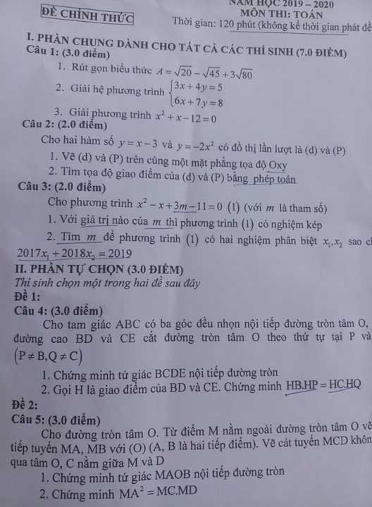 Đề thi vào lớp 10 môn Toán tỉnh Trà Vinh năm 2019