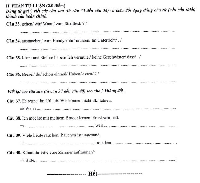 Đáp án đề thi Tiếng Đức vào lớp 10 Hà Nội năm 2019 mã đề 001 trang 4