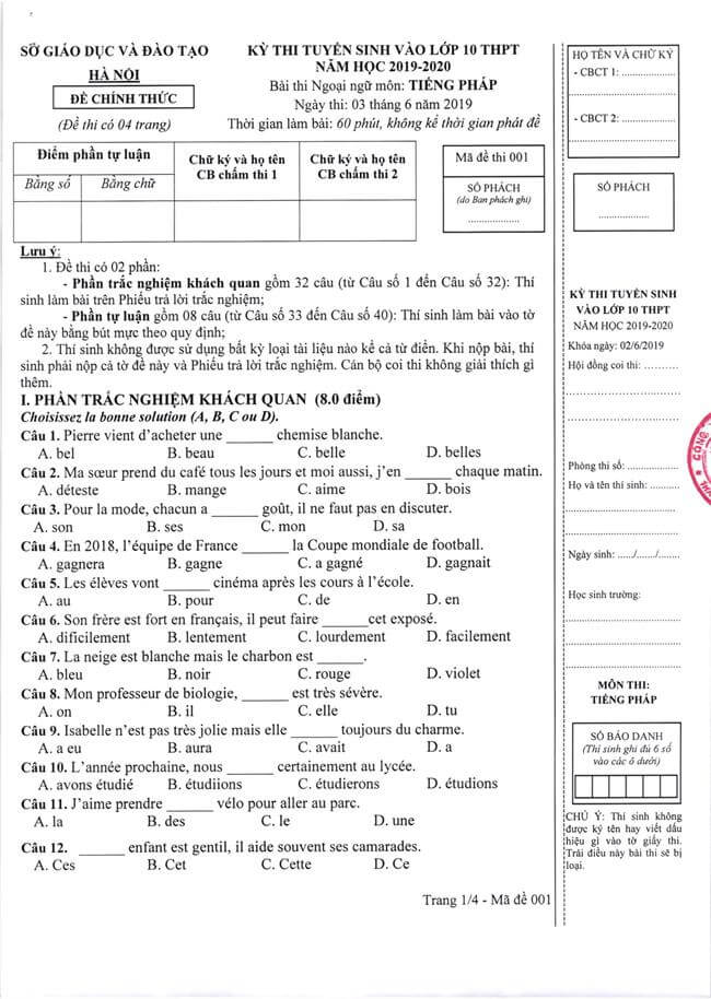 Đề thi chính thức Tiếng Pháp vào lớp 10 - Hà Nội mã 001 trang 1