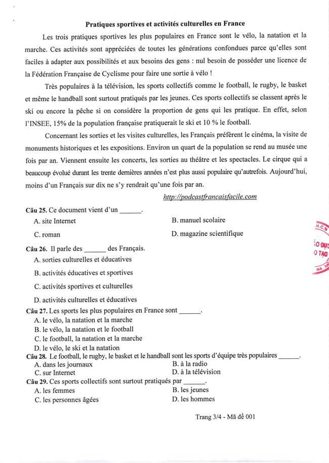Đề thi chính thức Tiếng Pháp vào lớp 10 - Hà Nội mã 001 trang 3