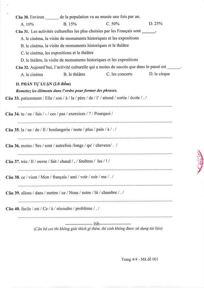 Đề thi chính thức Tiếng Pháp vào lớp 10 - Hà Nội mã 001 trang 4
