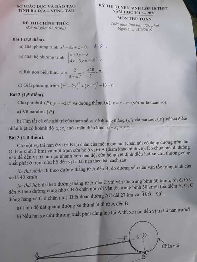 đề thi vào lớp 10 môn toán Bà Rịa Vũng Tàu 2019