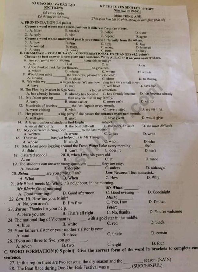 đề thi vào lớp 10 môn tiếng Anh tỉnh Sóc Trăng năm 2019 1
