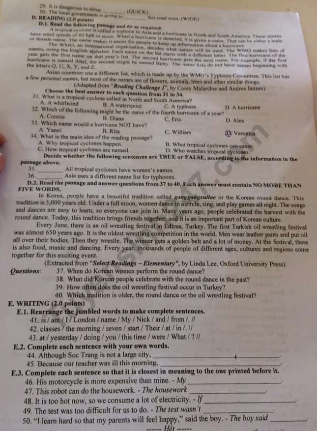 đề thi vào lớp 10 môn tiếng Anh tỉnh Sóc Trăng năm 2019 2