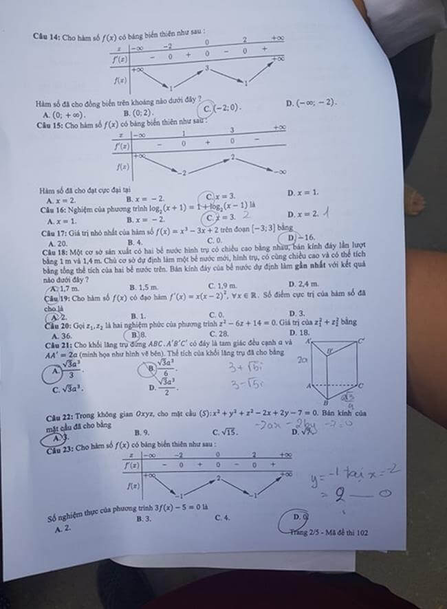 Đáp án đề thi THPT quốc gia 2019 môn Toán mã đề 102 trang 2