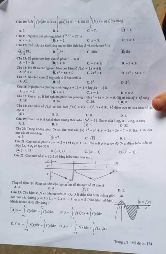 Đáp án đề thi THPT quốc gia 2019 môn Toán mã đề 124 trang 2