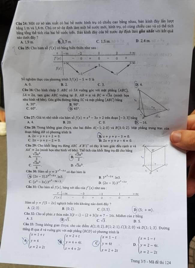 Đáp án đề thi THPT quốc gia 2019 môn Toán mã đề 124 trang 3