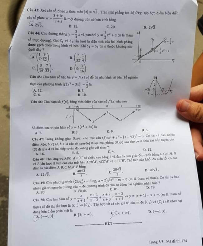 Đáp án đề thi THPT quốc gia 2019 môn Toán mã đề 124 trang 5