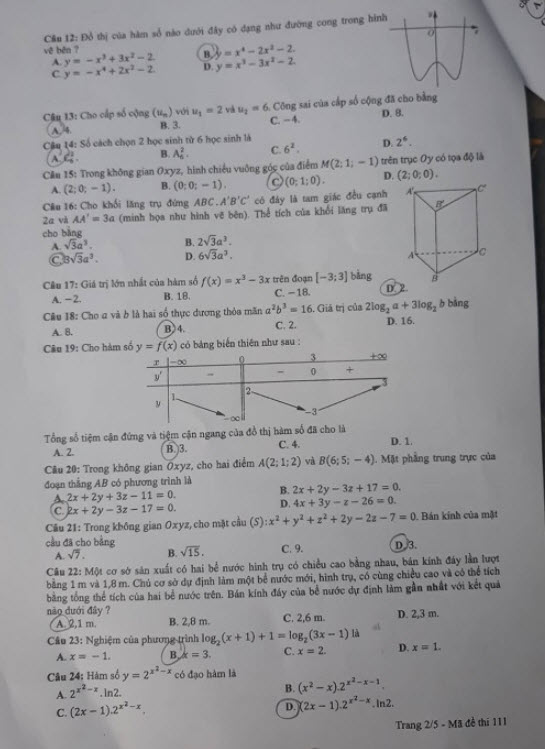 đề thi THPT quốc gia 2019 môn Toán mã đề 111 2