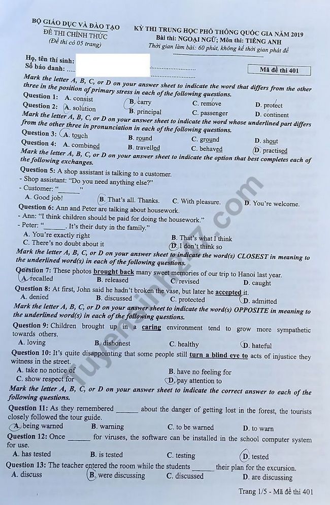 Mã đề 401 Anh 2019 - Đề thi và đáp án môn Tiếng Anh THPTQG 2019 hình 1