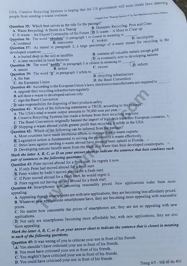 Mã đề 401 Anh 2019 - Đề thi và đáp án môn Tiếng Anh THPTQG 2019 hình 4