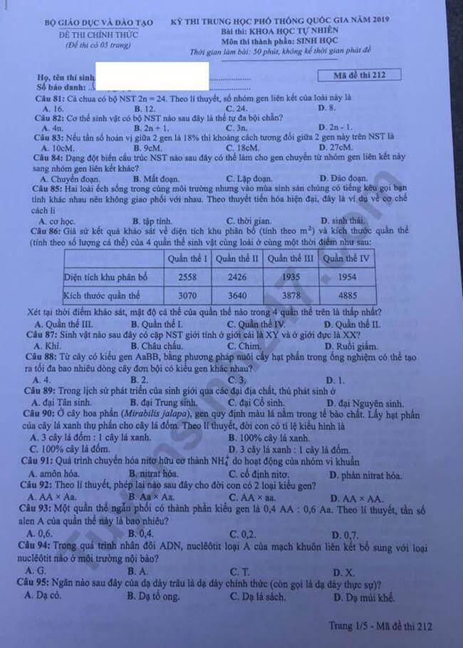 Đề thi THPTQG 2019 môn Sinh học mã đề 212 trang 1