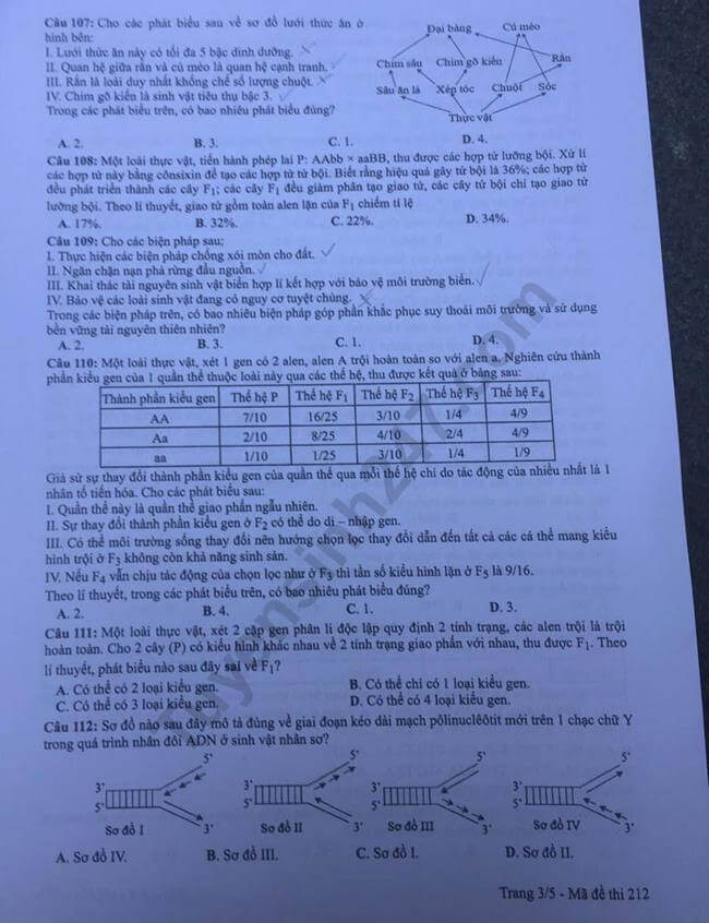 Đề thi THPTQG 2019 môn Sinh học mã đề 212 trang 3