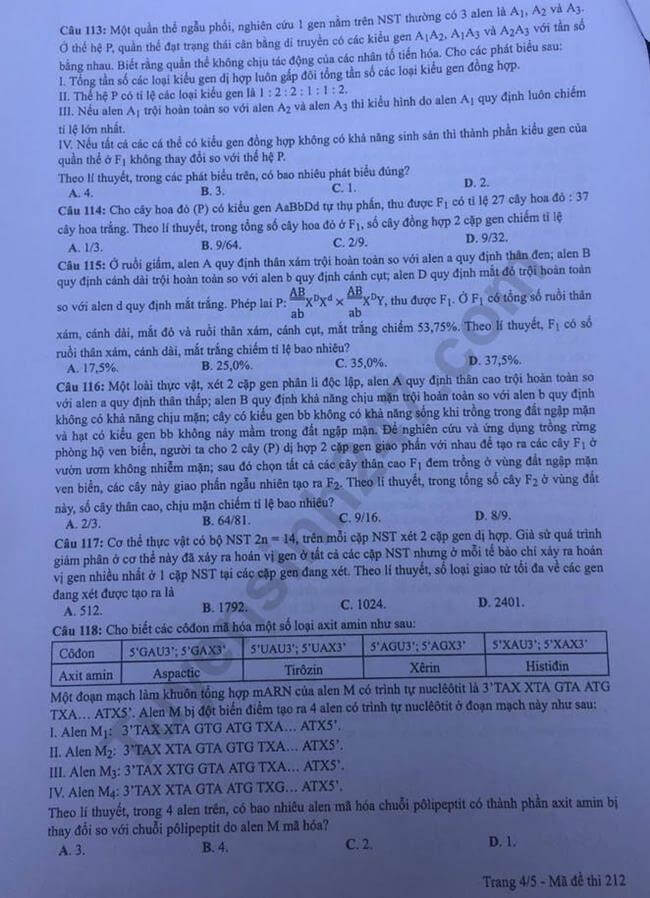 Đề thi THPTQG 2019 môn Sinh học mã đề 212 trang 4