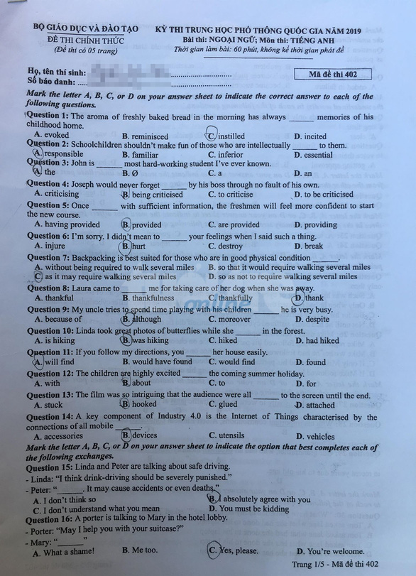 Đề thi môn Tiếng Anh THPTQG 2019 mã 402 trang 1